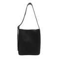 Minimalist black leather bucket bag with adjustable wide shoulder strap for women - Black