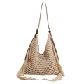 Borsa tote boho all'uncinetto con lunghe nappe e tracolla in pelle marrone fatta a mano - Bianco Sporco