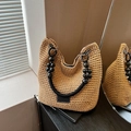 Summer woven bucket bag in khaki with black beaded handles and lazybreeze brand logo - Khaki