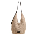 Handgemaakte beige geweven schoudertas met donkerbruine leren riem en logo-patch - Broken Wit