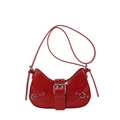 Red crescent shoulder bag with silver buckle and rivets in glossy faux leather finish - Red