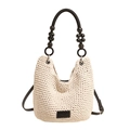 Beige geflochtene Hobo-Tasche mit schwarzem Perlen-Rundgriff und Leder-Logo-Aufnäher - Gebrochenes Weiß