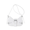 White faux leather crescent shoulder bag with vintage silver buckle strap detail - White