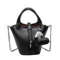 Black lychee leather bucket bag with silver padlock and heart-shaped pendant charm - With Pendant / Black