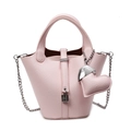 Pink minimalist bucket bag in lychee leather with silver chain strap and heart charm - With Pendant / Pink