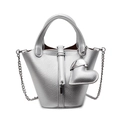 Silver bucket bag with litchi texture, metal chain strap and heart charm - Silver