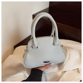 Light gray pebble grain leather shell bag with dual handles and metal logo plate - Blue
