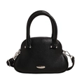 Minimalist black pebble leather handbag with silver hardware and detachable strap - Black
