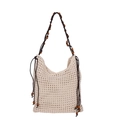 Sac seau tissé ajouré beige avec perles en bois bohèmes et cordon de serrage - Blanc