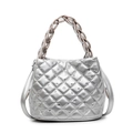 Silberne Metallic-Handtasche mit Rautensteppung, Strasssteinen und Webgriff - Silber