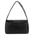 Black leather shoulder bag with silver rivet studs and a wide strap for chic styling - Black