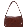 Dark brown retro studded shoulder bag in distressed faux leather with silver rivets - Brown