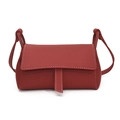 Minimalist dark red leather pillow bag with contrast white stitching and flap closure - Red
