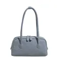 Detail of gray-blue denim shoulder bag featuring high-quality texture and dual metal zippers - Light Blue