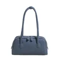 Detail of denim bowling bag with contrast white stitching and dual top zippers - Dark Blue