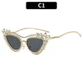 C1 Lunettes de soleil œil-de-chat de luxe avec monture dorée et détails de fleurs en strass - Monture Dorée Verres Gris (C1)
