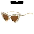 Lunettes de soleil œil-de-chat dorées de luxe avec strass blancs et verres bruns - Monture Dorée Verres Thé (C3)