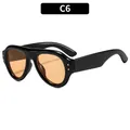 Retro oval sunglasses with thick black frame, orange lenses and gold rivet accents - Black Frame Champagne Lens
