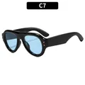 Retro oval sunglasses with thick black frame, light blue lenses, and gold rivets C7 - Black Frame Blue Lens