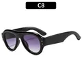 Retro oval black frame sunglasses with purple gradient lenses and gold rivet accents - Black Frame Double Gray Lens