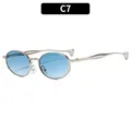 Oval silver metal frame sunglasses featuring blue gradient lenses in a side view display - C7-Silver Frame Blue Gradient Lens
