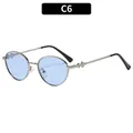 Vintage silver oval metal sunglasses with light blue lenses and ornate engraved temples - Silver Frame Blue Lens (C6)