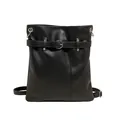 Minimalist black leather pleated backpack with silver buckle and metal rings in matte finish - Black