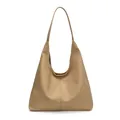 Minimalist large khaki hobo tote bag in litchi grain leather with vertical stitching - Khaki