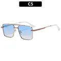 Retro square metal sunglasses with light blue gradient lenses and gold double-bridge frame - Silver Frame Double Blue Lens