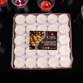 Pack of 25 white round tea light candles in metal cups neatly arranged in a square gift box - 4 Hours 50 Pieces Round - White