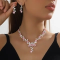 Detail of pink crystal flower bridal jewelry set including necklace and earrings on model - 2-Piece Set(GT25268) / Silver Pink