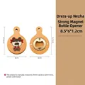 Round wooden magnetic bottle opener with cute cartoon character design and handle - Round Dog COS Nezha Opener with Handle