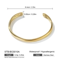 Detailansicht des goldenen Edelstahl-Armreifs mit präzisen Größen- und Gewichtsangaben - Gold Minimalistisch Offener Stil (STB-BC0010A)