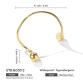 Detailed view of golden stainless steel open bangle with dual ball ends and dimensions - Gold Double Ball Ends Style (STB-BC0012)