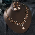 Elegant champagne crystal necklace and earrings set with gold vine pattern design - 2-Piece Set(GT25232) / Champagne