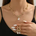 Golden bridal jewelry set with floral vine rhinestones and pear-shaped drop pendants - 2-Piece Set(GT25329) / Gold