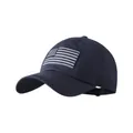 Close-up of vintage navy baseball cap featuring American flag embroidery and washed fabric - Navy Blue (Embroidery)
