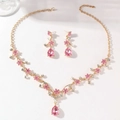Elegant gold bridal jewelry set with pink flower petals and pear-cut crystal charms - 2-Piece Set(GT25232) / Pink