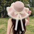 Pink straw sun hat with wide wavy brim, white lace trim and back bow decoration - Wave Lace Edge Pink