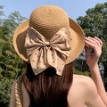 Women's straw sun hat with large heart-print bow and elegant woven spiral texture - Upturned Edge Large Butterfly Khaki