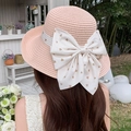 Pink straw sun hat with large beige bow featuring heart patterns for beach vacations - Pink With Curled Edges And Big Butterfly