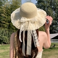 Women's straw sun hat in beige with large lace bow and long decorative ribbons - Light Lace Knot Beige