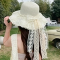 Chic beige straw sun hat featuring a wide lace-trimmed brim and long back bow ribbons - Light Buds And Milky White