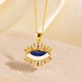 Collier œil protecteur doré serti de zircons colorés et d'émail bleu profond - Style Émail Bleu Foncé Zircone Multicolore (BXL0342-15)