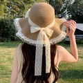 Khaki straw sun hat with white lace bow and wide brim for summer beach vacation - Lace Khaki