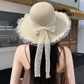 Beige woven sun hat with large lace bow and scalloped trim for summer beach vacation - Basin Flower Edge Beige