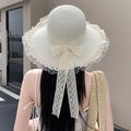 Creamy white straw sun hat with delicate lace ribbon and bow for beach vacation women - The Edge Of The Potted Flower Is Milky White