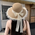 Light brown straw sun hat with large lace bow tie and elegant scalloped edge detailing - Potted Flower Edge Khaki