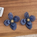 Elegant double-layer purple acrylic flower earrings with gold center and white rhinestones - Dark Blue