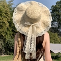 Beige straw sun hat with large brim and white lace bow ribbon for summer beach - Bora Mesh Cover Beige